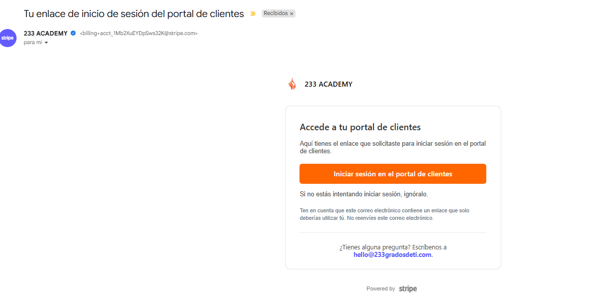 Email de 233 Academy con el enlace de acceso