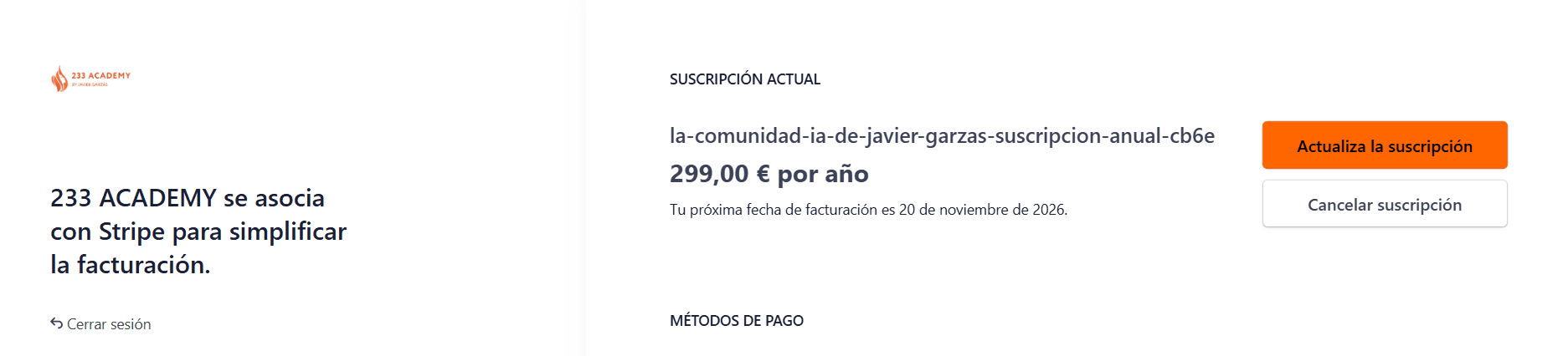 Tu suscripción actual y el botón Actualiza la suscripción