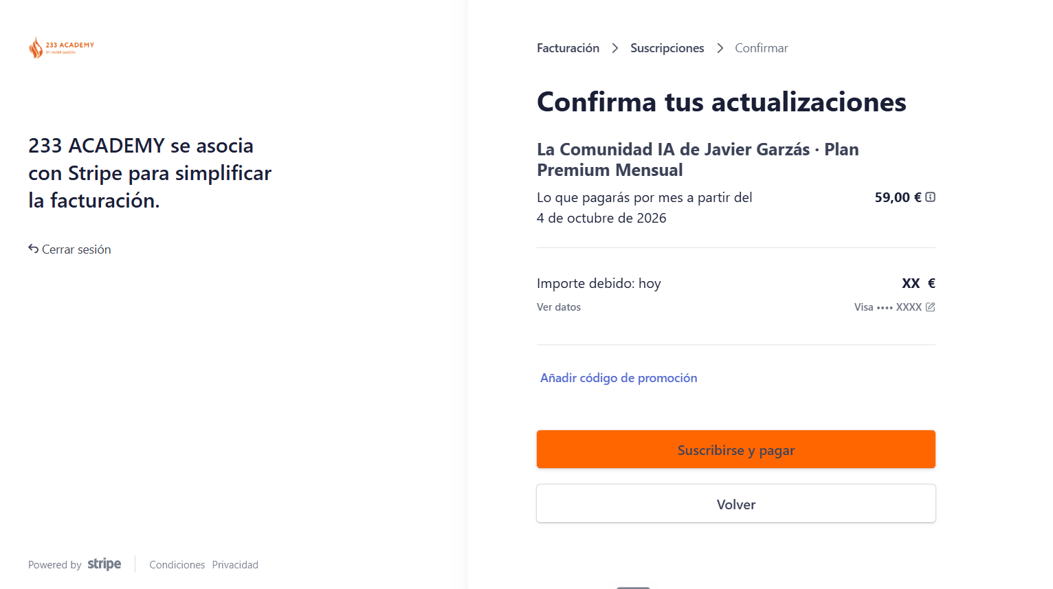 Confirma tus actualizaciones y Suscribirse y pagar
