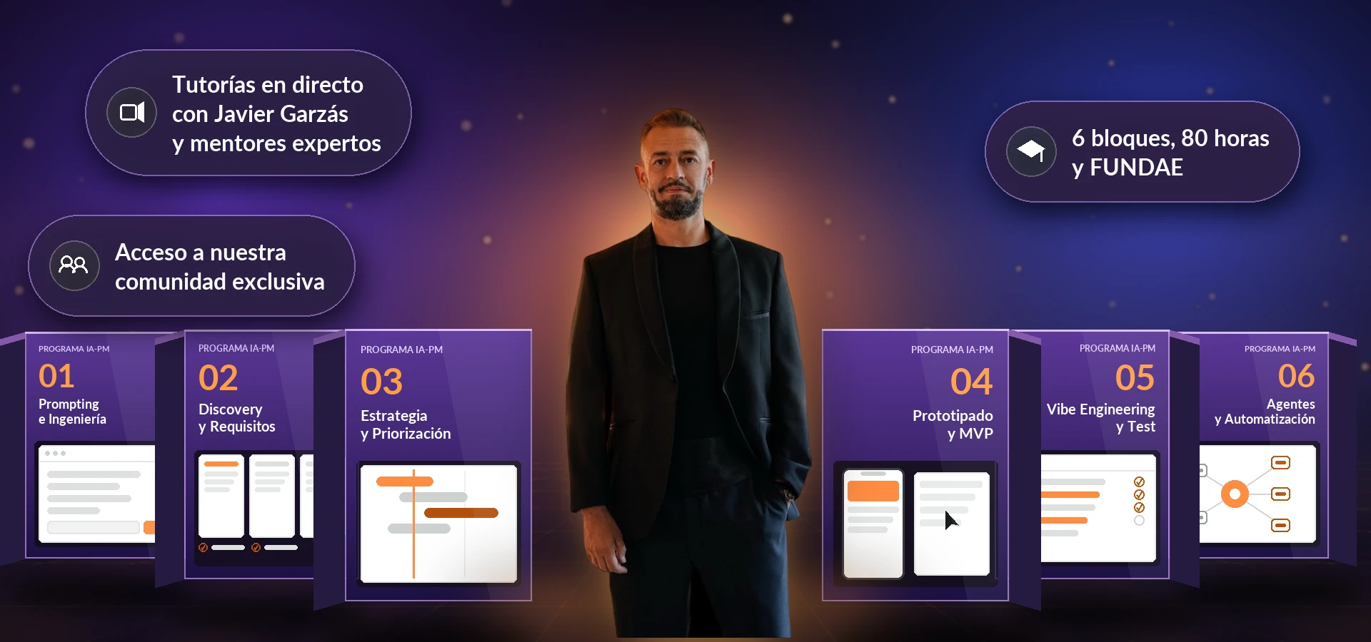 El programa IA-PM de un vistazo: 6 bloques, 80 horas, FUNDAE, tutorías en directo y comunidad
